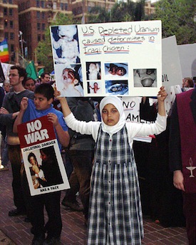 Photo of a March 2003 protest of the U.S. War in Iraq; studies of the increase in Iraqi birth defects were previously reported by The Guardian in 2010. Photo by Patty Mooney/Flickr.