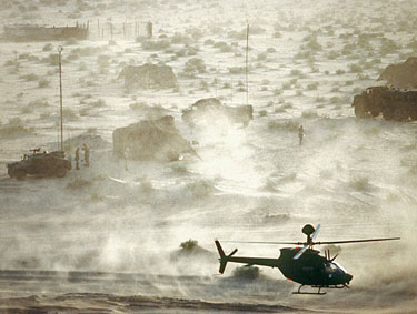 The perpetual jungle war became the perpetual desert war. This is Operation Desert Shield, an action against Iraq, 1990. In all we have been bombing Iraq since 1981. Dept. of Defense photo.