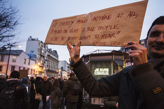 George Orwell quote outside metro Avron, in the crowds headed towards Place de la Nation. Photo by Danielle Voirin. 