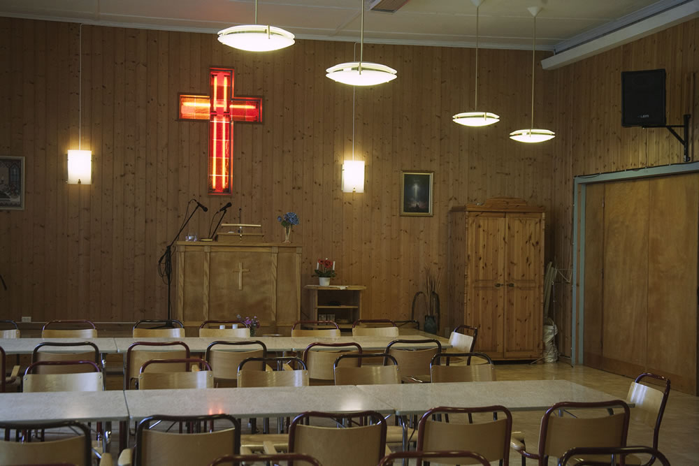 A church hall on the island of Halsnoy, Norway waits for the worshipers to arrive. 