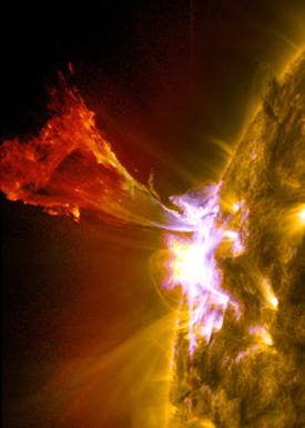 Solar prominence (mid-level flare) photographed in May of 2013. We are experiencing similar flares now.