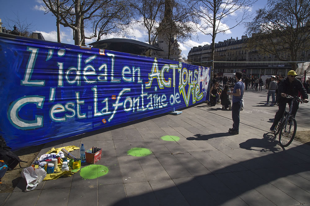 "The ideal in action is the fountain of life," which is the French way of saying fountain of youth. In Paris's Place de la République with the Nuit Debout movement.