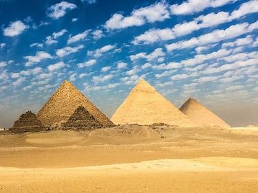 The three major pyramids in Giza, Egypt. From left to right, the Pyramid of Menkaure, the Pyramid of Khafre, and the Pyramid of Khufu (also known as The Great Pyramid). Photo by Mark Fischer / Flickr under Creative Commons.