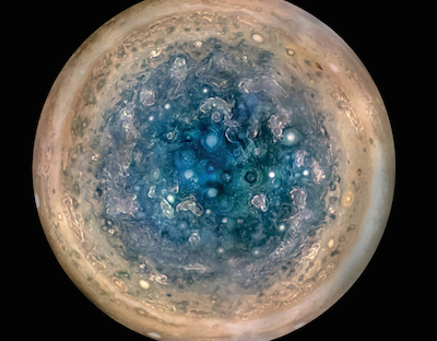 A blue wave? Jupiter’s south pole, as seen by NASA’s Juno spacecraft from an altitude of 32,000 miles (52,000 kilometres). Photo by NASA/JPL-Caltech/SwRI/MSSS/Betsy Asher Hall/Gervasio Robles