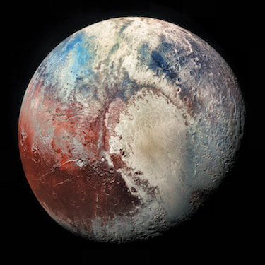 Pluto in Colorized Infrared from "The Rich Color Variations of Pluto" (PIA19952); photo by NASA / Johns Hopkins University APL / Southwest Research Institute / ZLDoyle