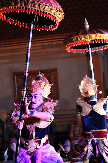 Male dancers performing the Tedung Agung, a dance evoking a protective umbrella, in Ubud, Bali. Photo by Amanda Painte